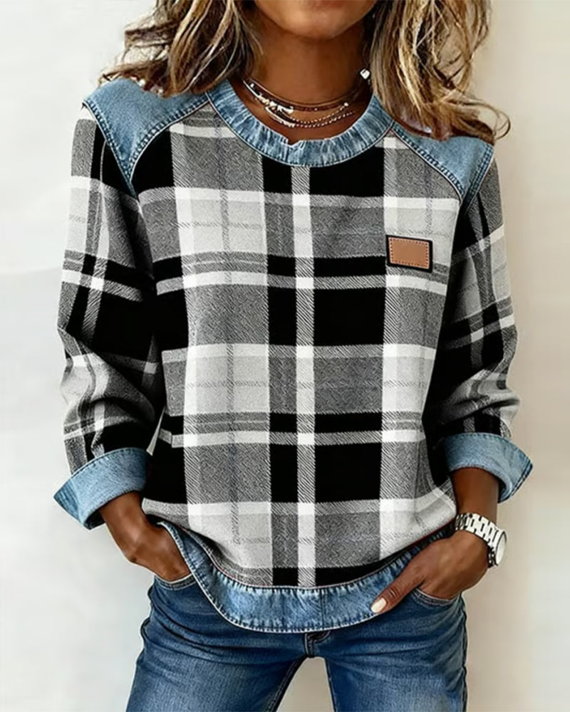 Audrey Women's Casual Denim Patchwork Round-Neck Pullover Sweatshirt