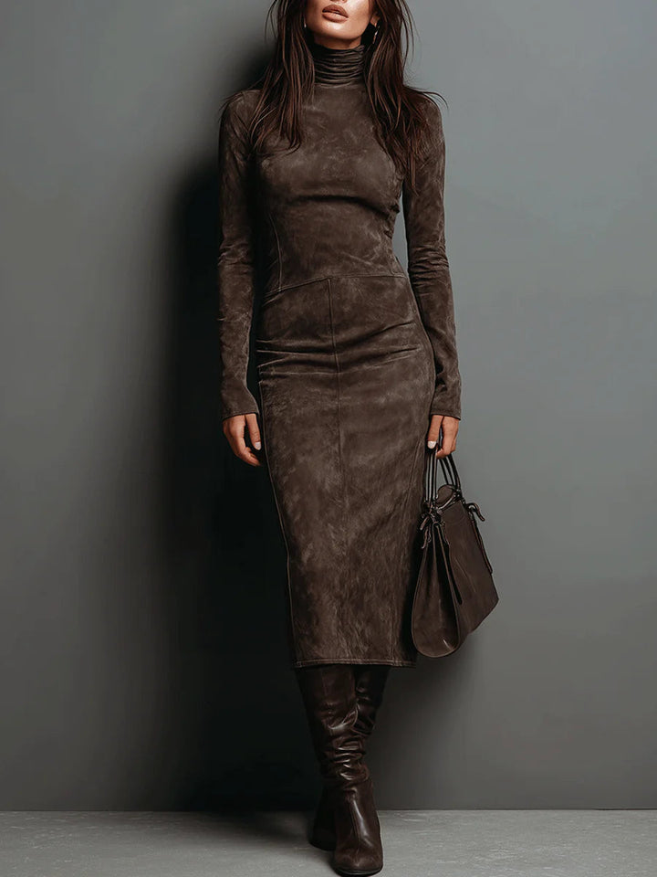 Brenda Midi Suede Dress featuring a High Neck and Long Sleeves