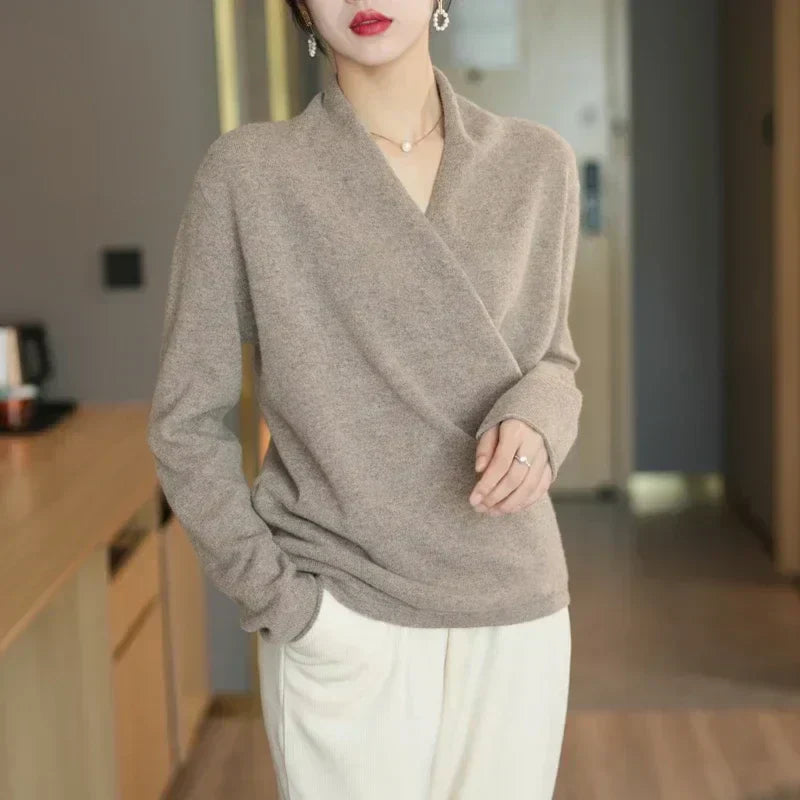 Florence Wrap-Front V-Neck Pullover Sweater with Relaxed Fit Long-Sleeve