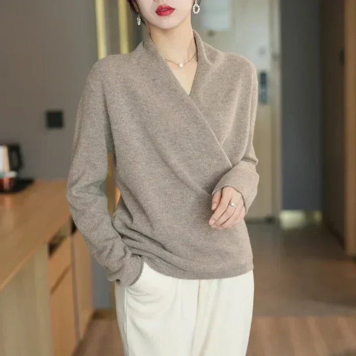 Florence Wrap-Front V-Neck Pullover Sweater with Relaxed Fit Long-Sleeve