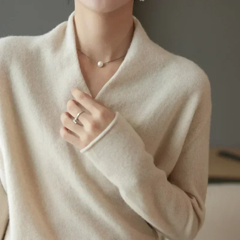 Florence Wrap-Front V-Neck Pullover Sweater with Relaxed Fit Long-Sleeve