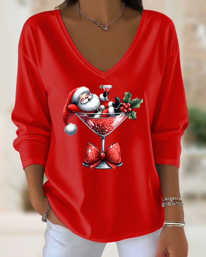 Emily | Festive Santa Cocktail V-Neck Top – Holiday Party Ready