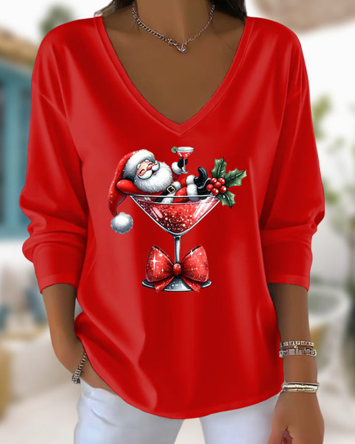 Emily | Festive Santa Cocktail V-Neck Top – Holiday Party Ready