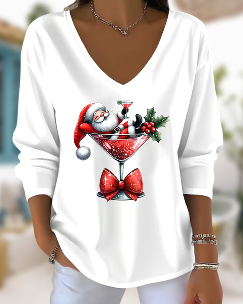 Emily | Festive Santa Cocktail V-Neck Top – Holiday Party Ready