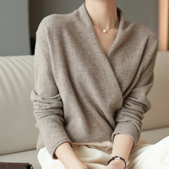 Florence Wrap-Front V-Neck Pullover Sweater with Relaxed Fit Long-Sleeve