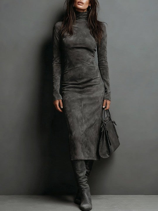Brenda Midi Suede Dress featuring a High Neck and Long Sleeves